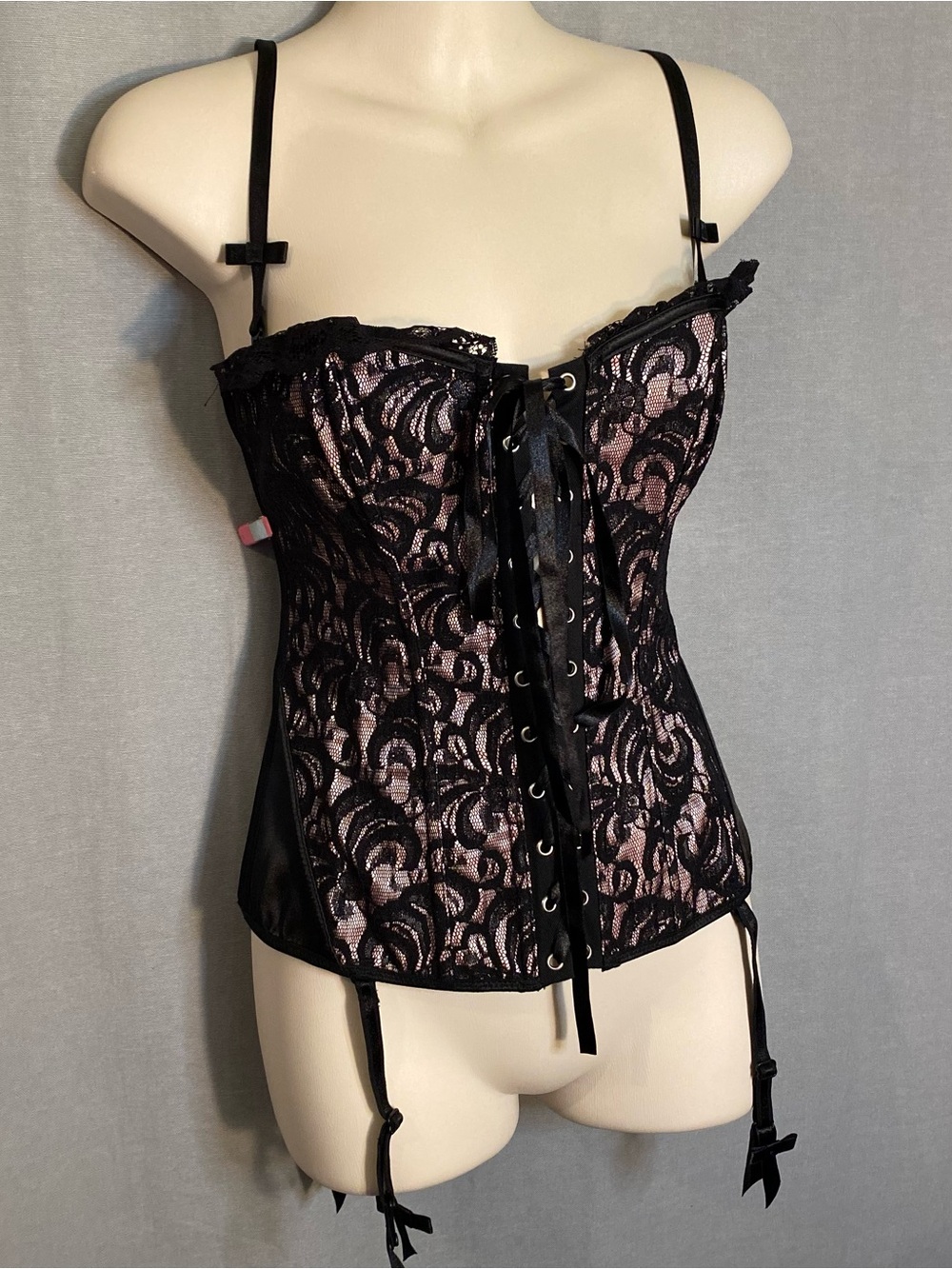 Dreamgirl  Reversible Black Lace Over Pink Corset Bustier with Garter Straps